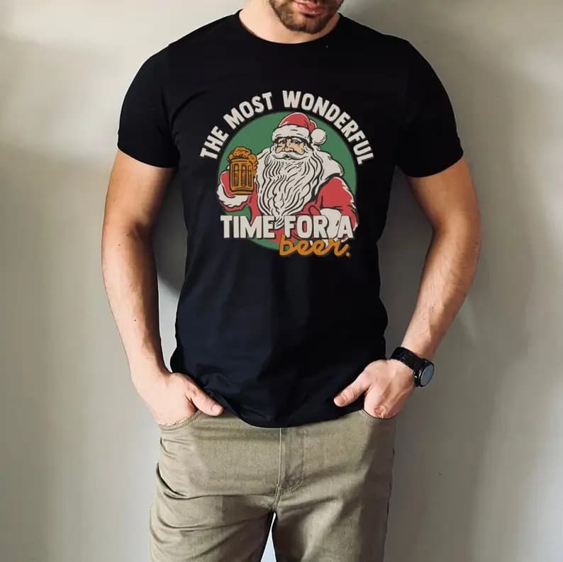 Funny Men's T-Shirt The Most Wonderful Time for A Beer Men's Christmas T-Shirt Kris Kringle Creative Pattern Cotton Short-sleev