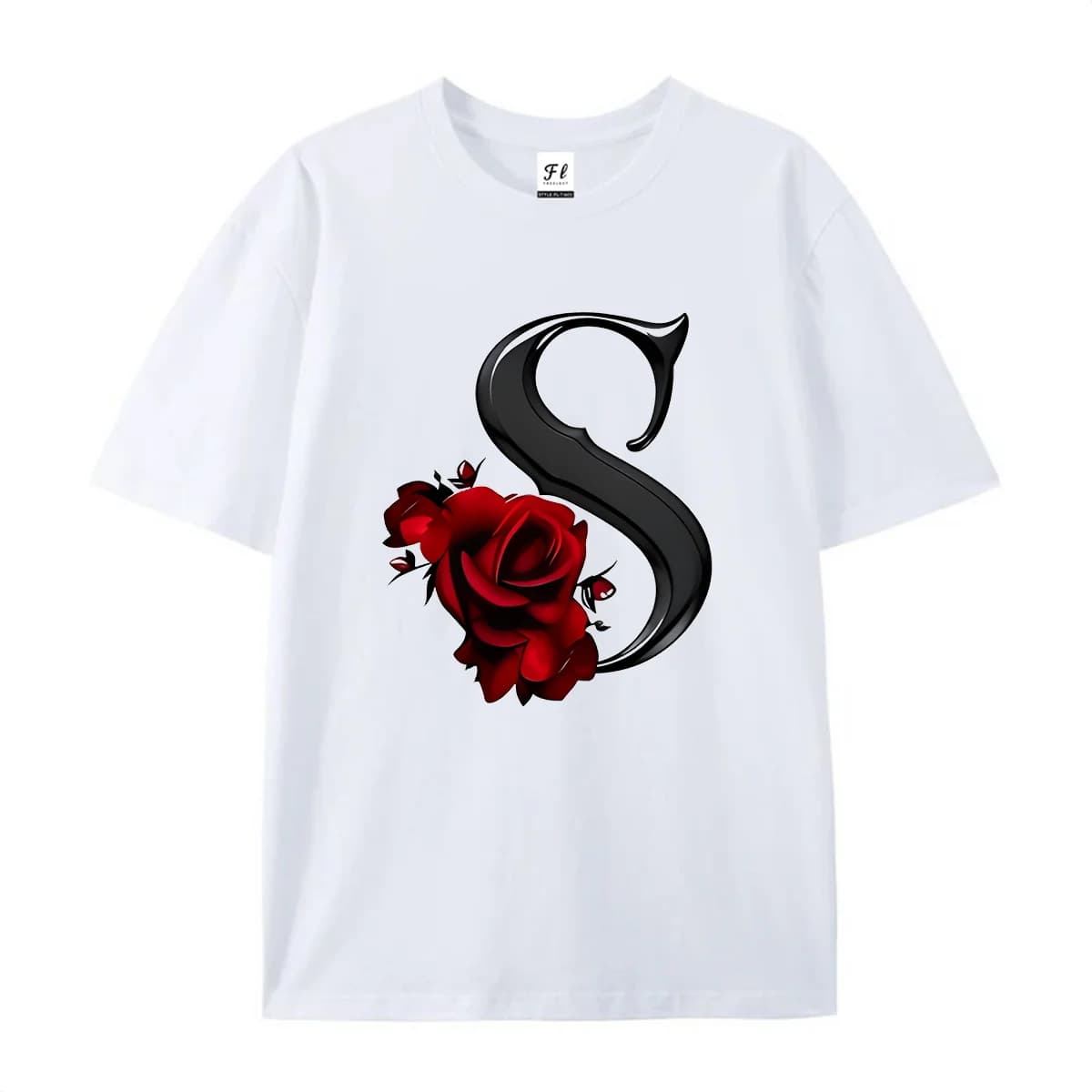 Unisex Short Sleeve T Shirt Glossy Letter S With Red Rose Print Casual Cotton Tees For Men Women Romantic Floral Theme Daily