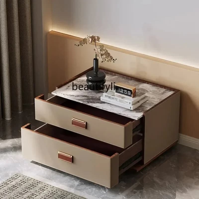 yj57 Italian Minimalist Sintered Stone Bedside Table Saddle Leather Solid Wood Bedside Bedroom Storage Cabinet