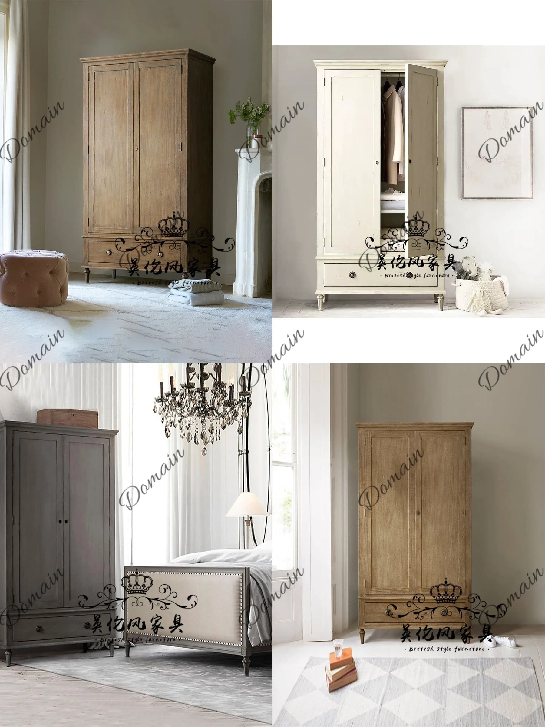 Vintage American Oak Wood 2-Door Wardrobe Armoire French Solid Wood Storage Cabinet Bedroom Furniture