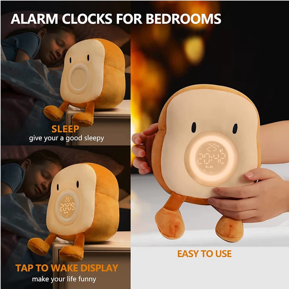 D2 Toast Plush Alarm Clock Lamp Rechargeable Dimmable Bedside Bedroom Clock with Dual Snooze Alarm Kids Cute Decor Night Light