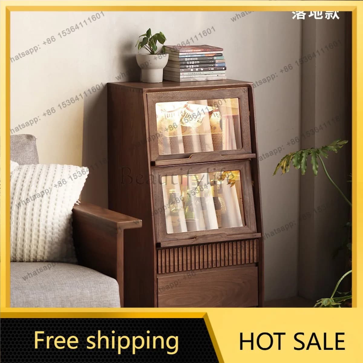 Factory Direct Sales North American Black Walnut TV Side Cabinet Solid Wood Flip Glass Door Bucket Cabinet