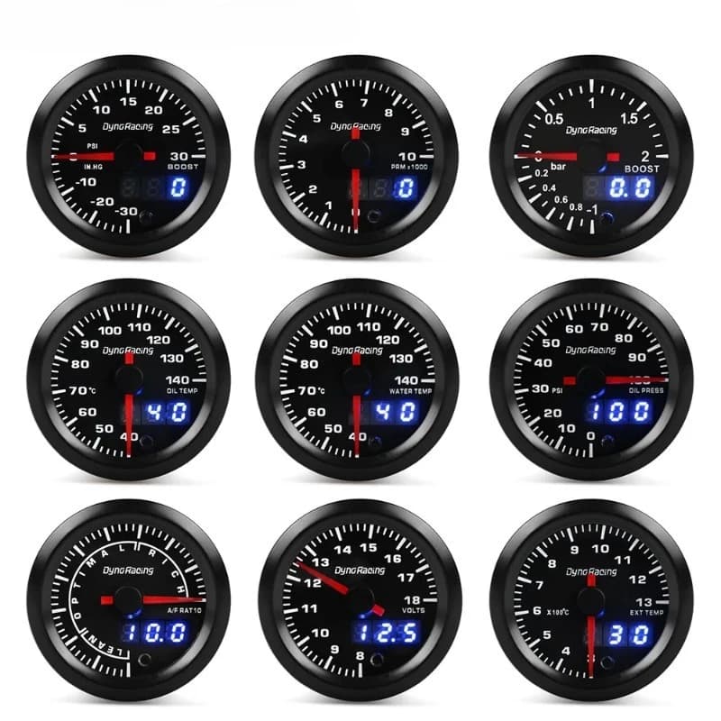 Dynoracing 2" 52mm 7 Colors LED Dual Display Boost Water Oil temp Oil pressure Voltmeter Air fuel Ratio EGT Tachometer Car Gauge