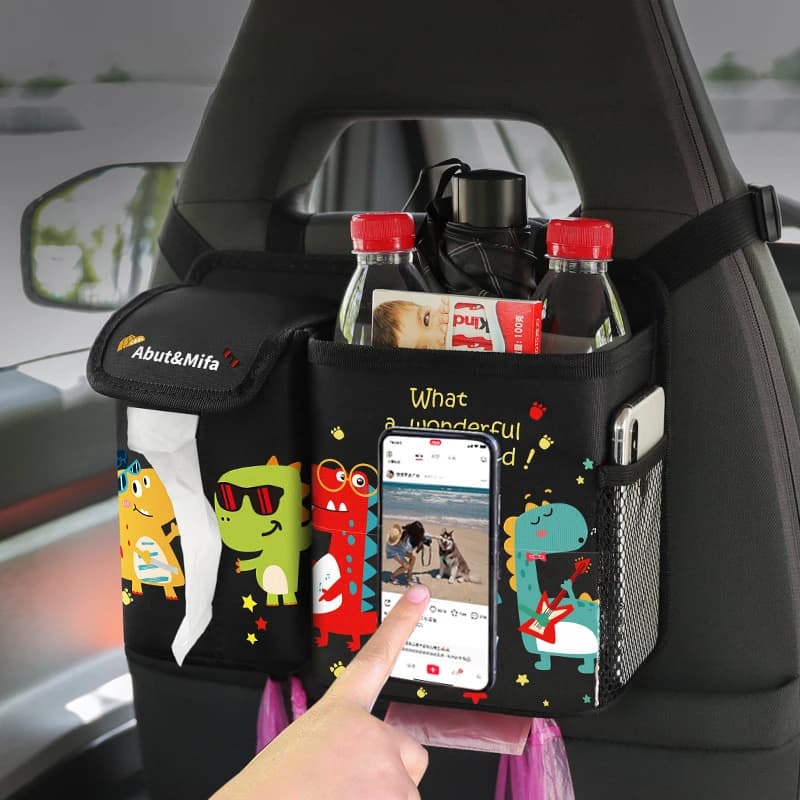 Car Seat Back Organizer Oxford Cartoon Backseat Hanging Tisuue Box Holder Rear Seat Bottle Cup Storage Phone Pocket Trash Can