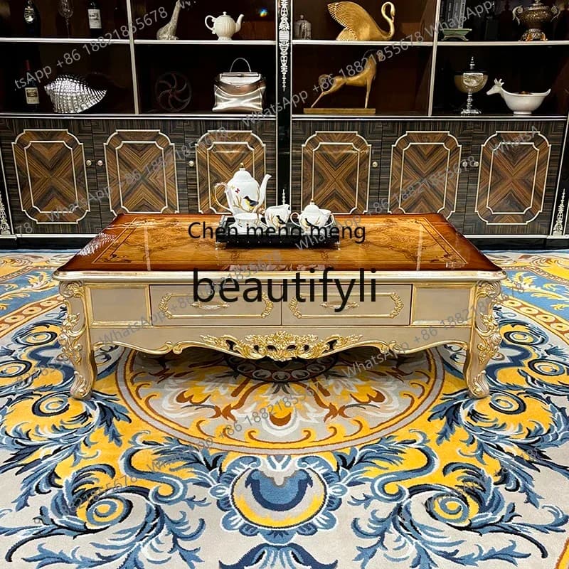 French solid wood coffee table, European luxury carved tea table, villa small apartment2936