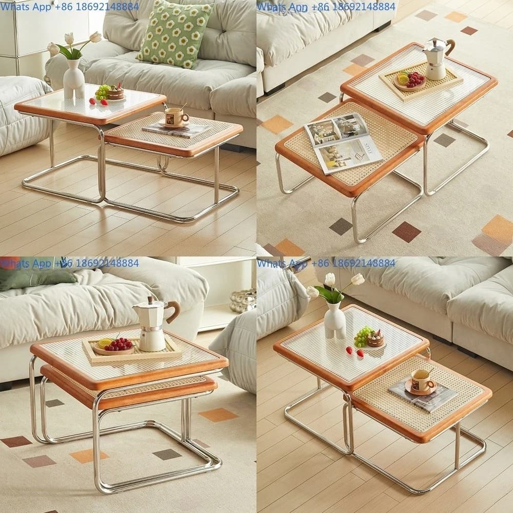 Creative nesting coffee table tempered glass solid wood frame rattan tabletop stainless steel base living room movable side