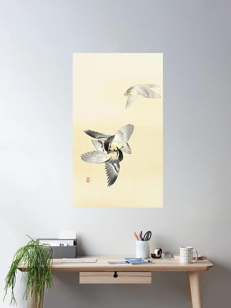 Two fighting birds (1900 - 1936) by Ohara Koson (1877-1945) Photo, Art Print Canvas Poster, Living Room Decor, Home Wall Picture