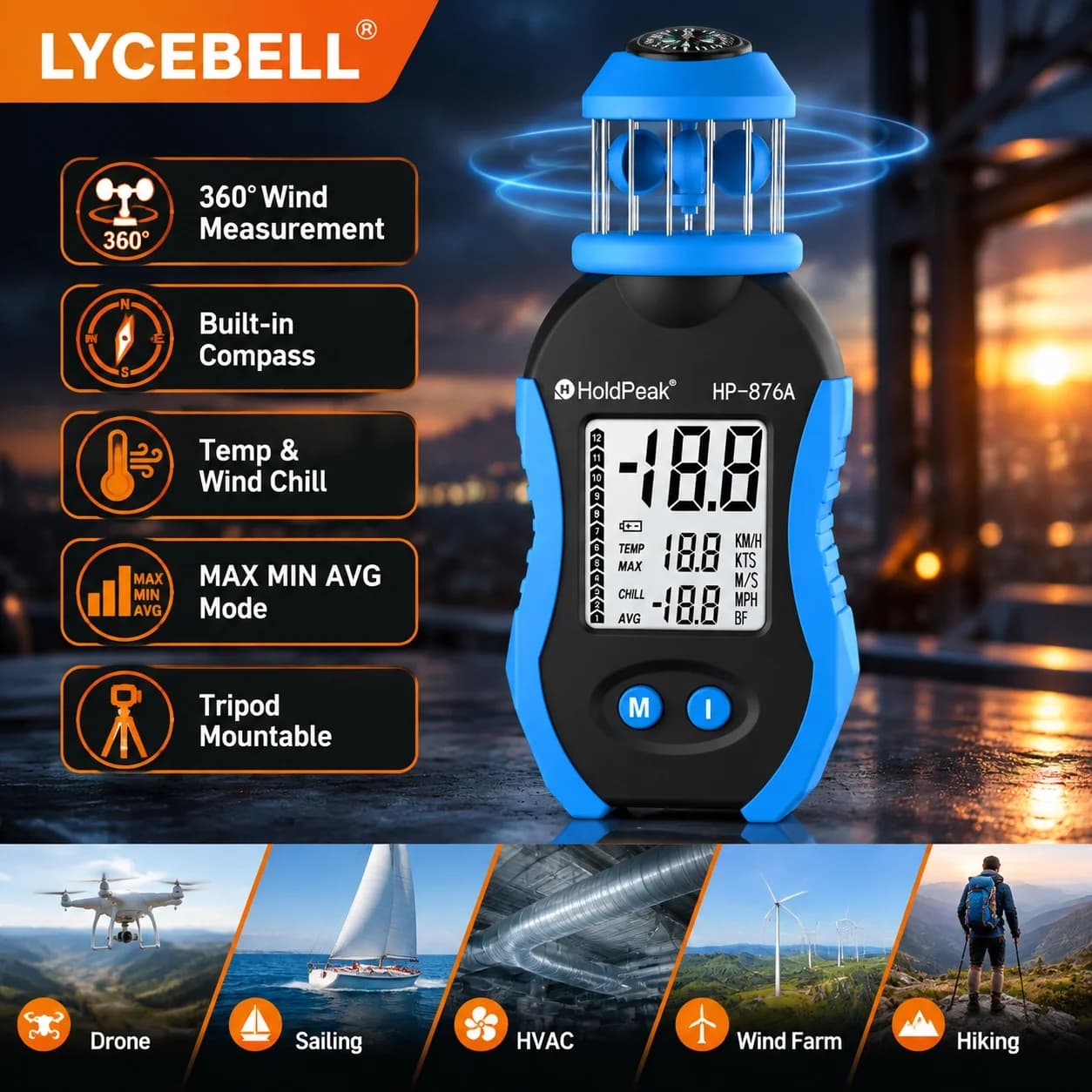 HoldPeak 876A Cup Anemometer 4-Sensor 0.7-42m/s 4 Units Compass 8-Day Standby MAX/AVG for Drone Surfing