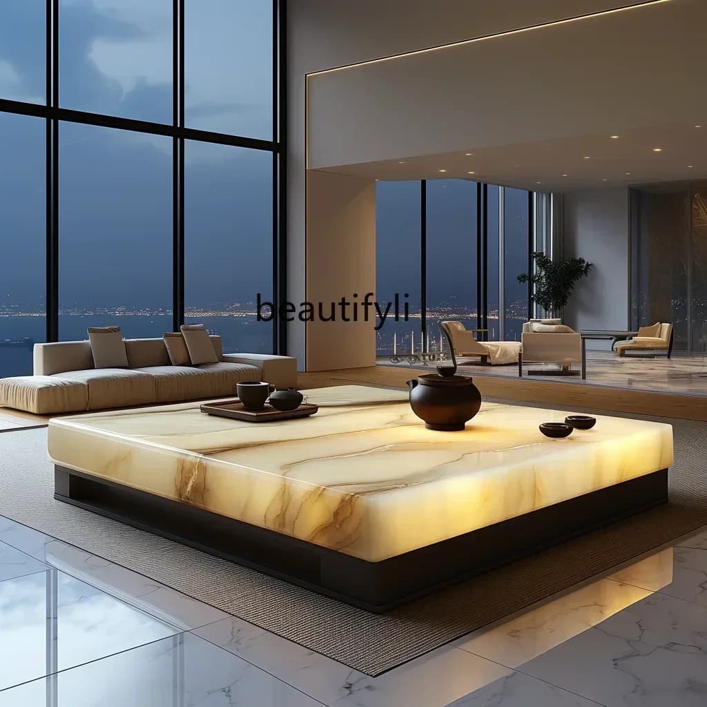 LXLarge flat-layer luminous coffee table jade luxury stone square marble natural light luxury new Chinese Zen leisure areaSSS