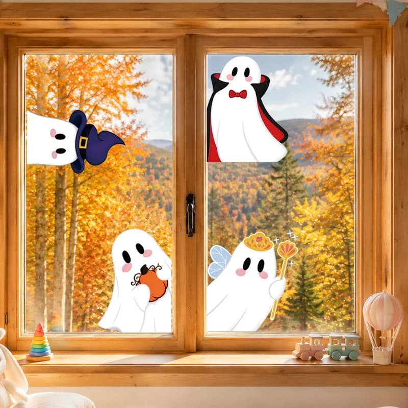 Halloween Cartoon Blushing Ghost Static Glass Decal, Cute Dress-up Ghost Sticker, Sweet Spooky Ornament for Home Window Decor