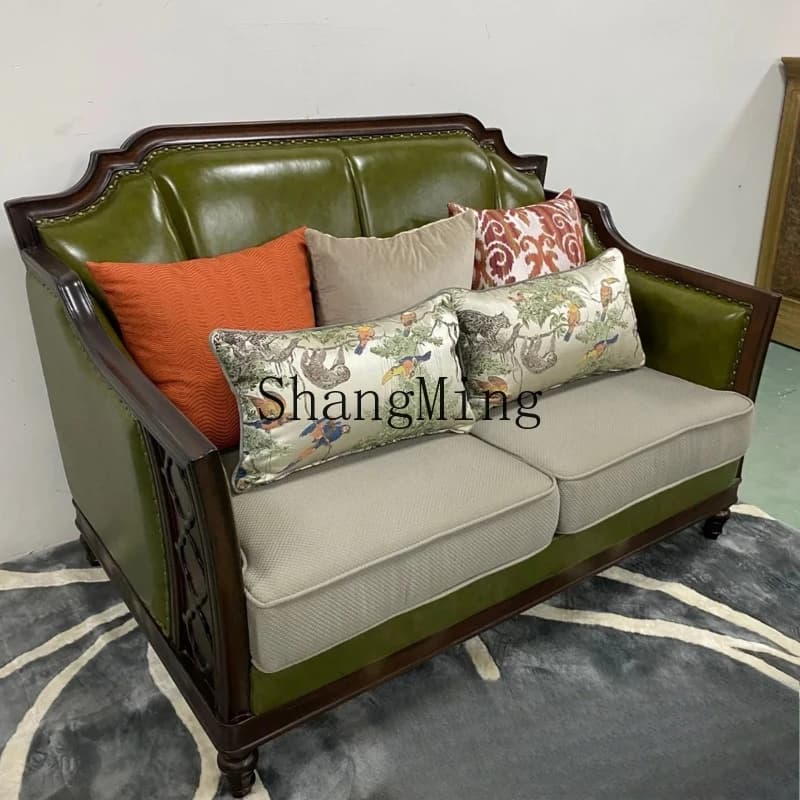 FG Country Retro Leather Upholstery Sofa Idyllic Villa Living Room Solid Wood Simple Green Leather Sofa Combination