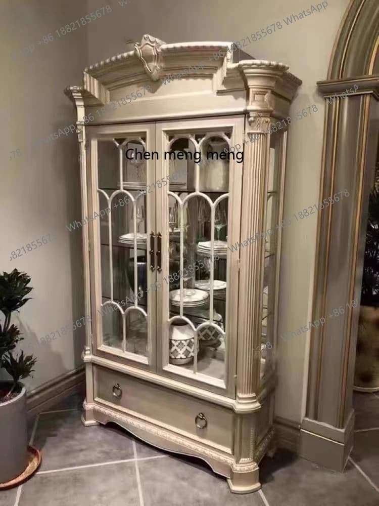 American art furniture wine cabinet French retro solid wood carving flower double door display side cabinet bookcase