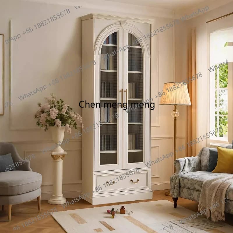 French Cream Wind Solid Wood Bookcase Wide Floor Small Unit Model Display Cabinet Bookshelf