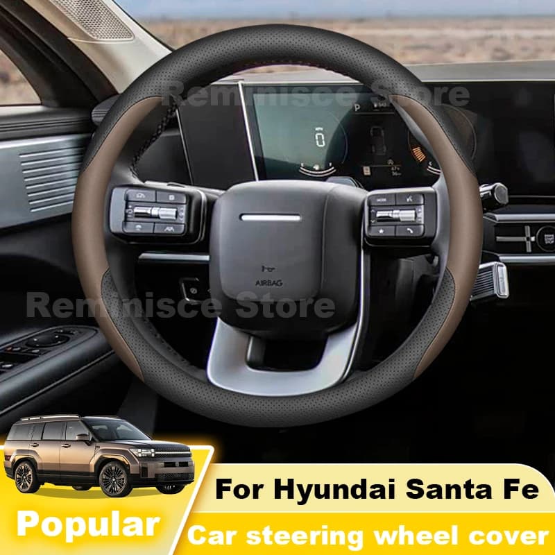 Nappa Leather Car Steering Wheel Cover For Hyundai Santa Fe MX5 MK5 2024 2025 Non Slip Steering Wheel Cover Interior Accessories