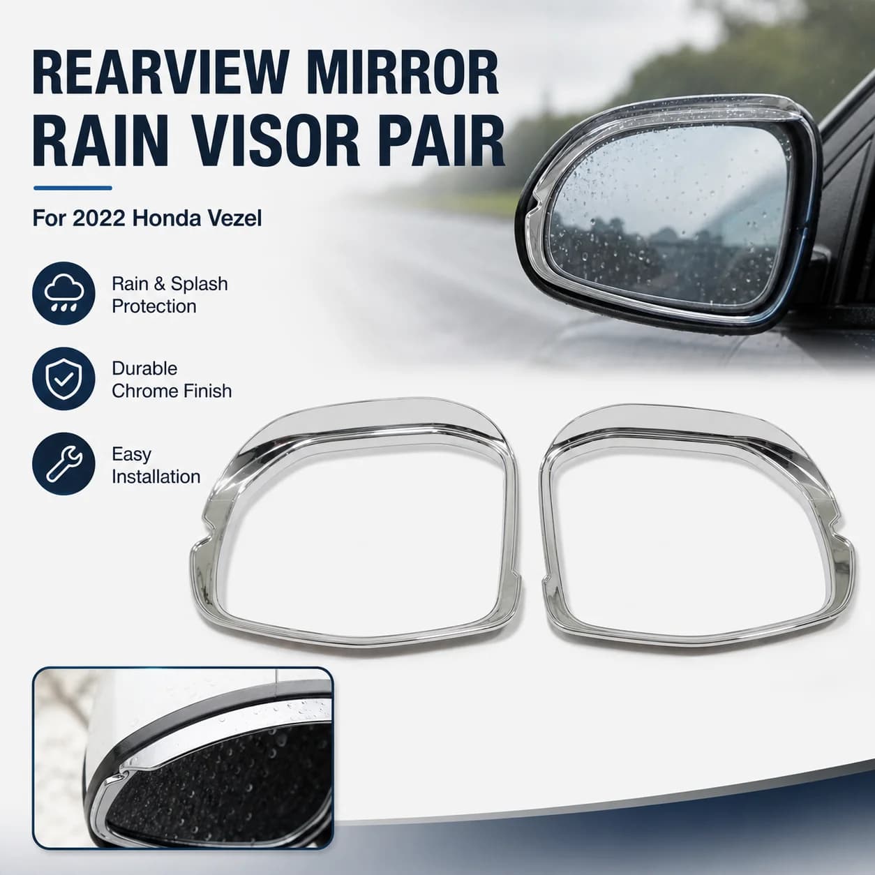 Chrome Rearview Mirror Rain Visor Pair for 2022 Honda Vezel