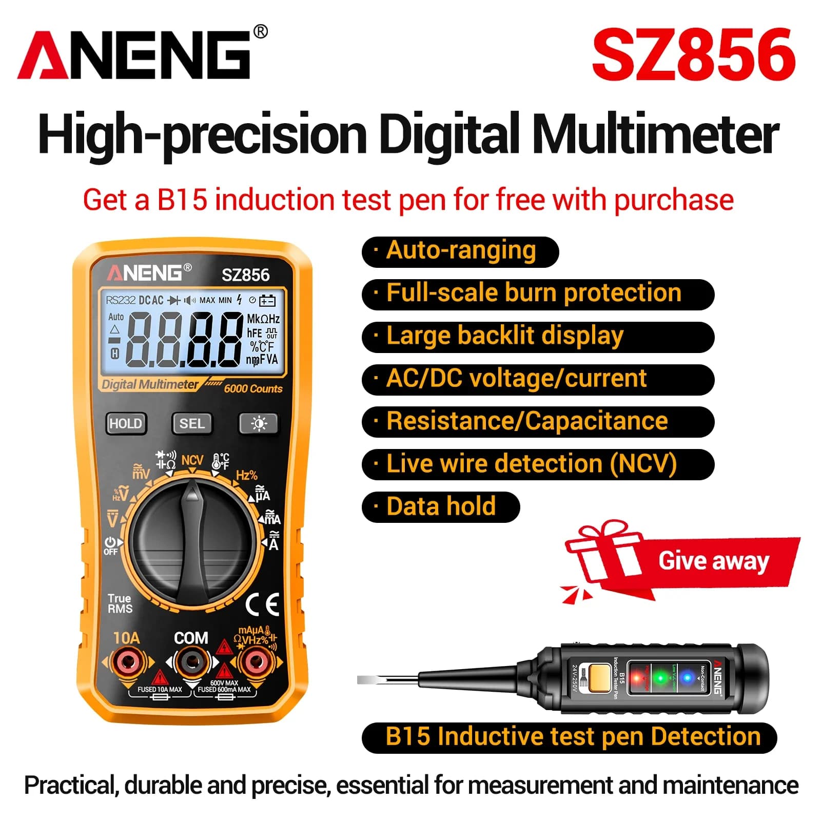 ANENG SZ856 intelligent multimeter electrician maintenance and test table zero and live wire recognition data retention B15 gift