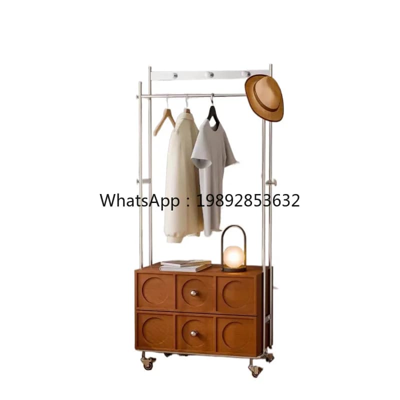 LYY Bedroom Household Solid Wood Coat Rack Floor-standing Multi-functional Clothes Rack Stainless Steel Movable Storage Cabinet