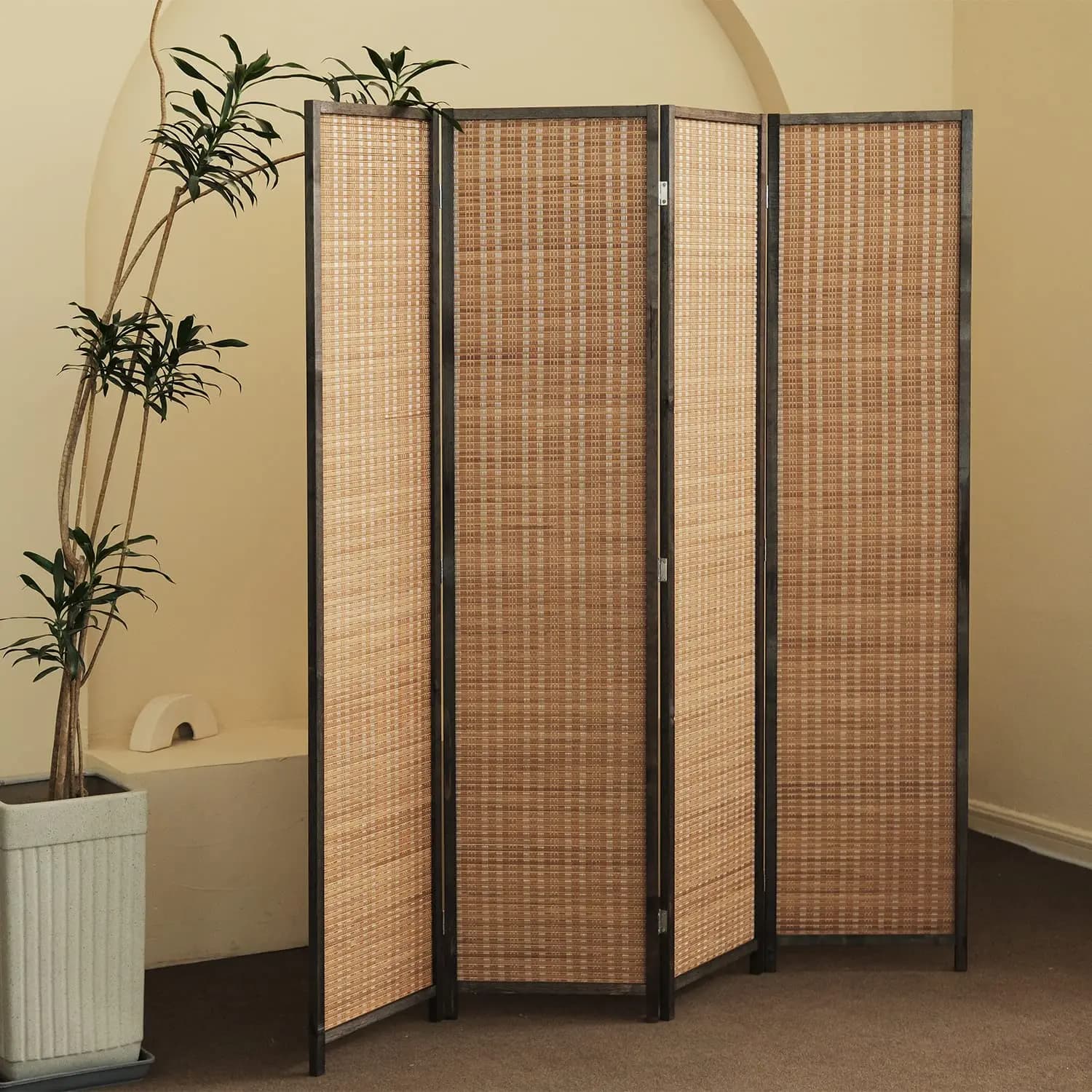 4 Panel Bamboo Room Divider - 5.6 ft Tall Folding Privacy Screen for Room Separation, Natural Brown Freestanding, Customized