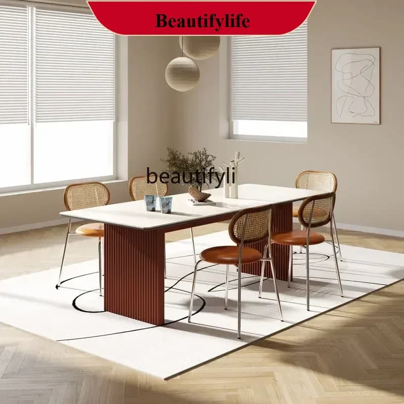z183  Imported travertine rock slab dining table light luxury rectangular island platform ash wood table and chair combination