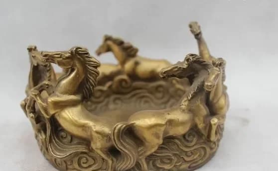 4"Chinese China Fengshui Brass Six Horse Pot inkslab Statue statuary Sculpture