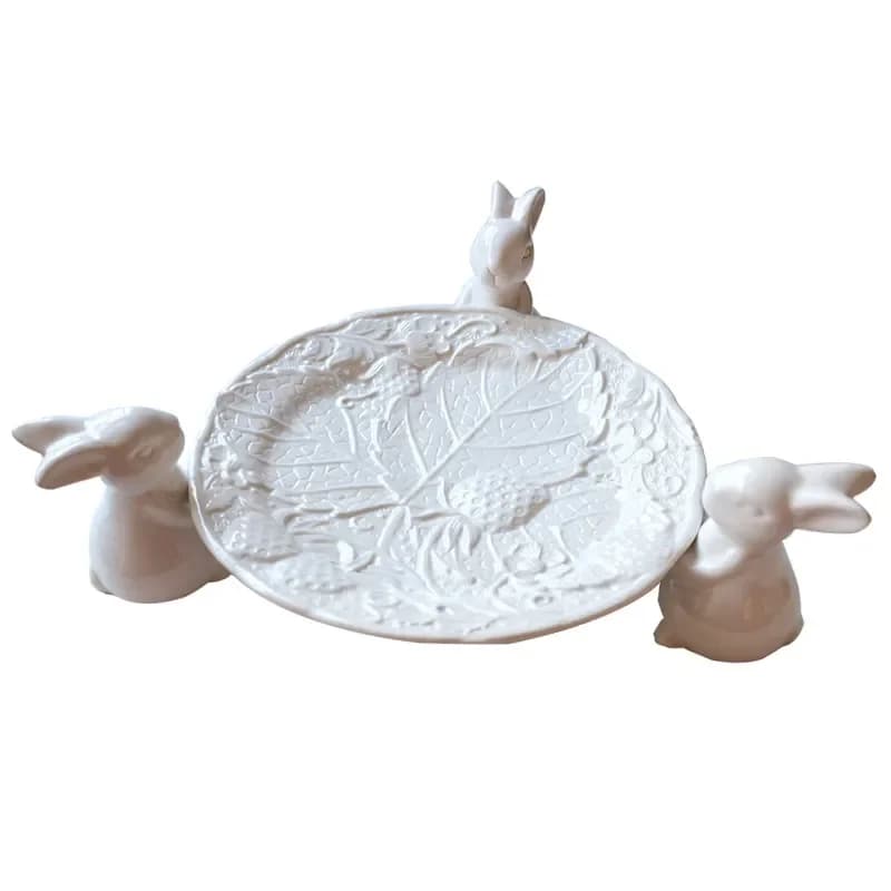 Court style ceramic fruit tray exquisite relief rabbit high foot plate