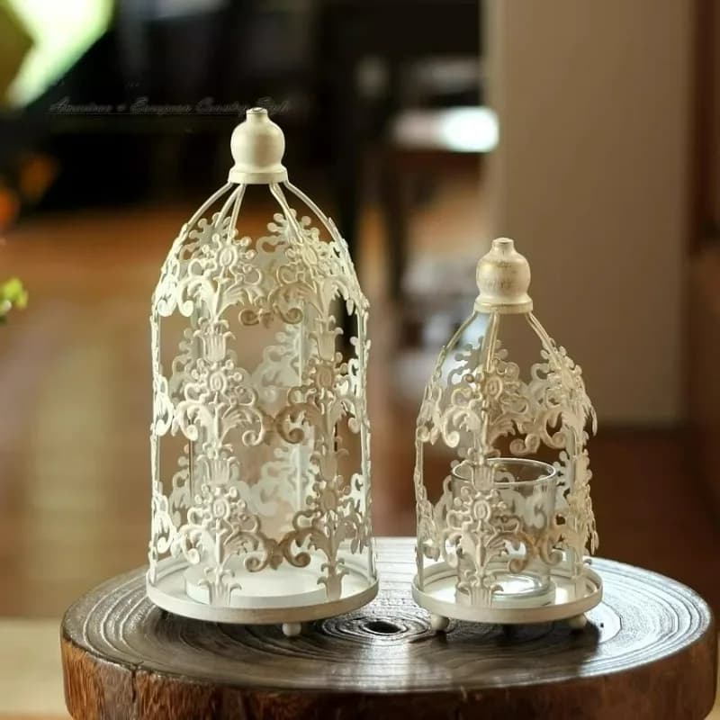 American Country Style Candle Holders Pattern Tower Wrought Iron Hollow Glass Retro Old Art Wind Lamp Ornament Candlestick شموع