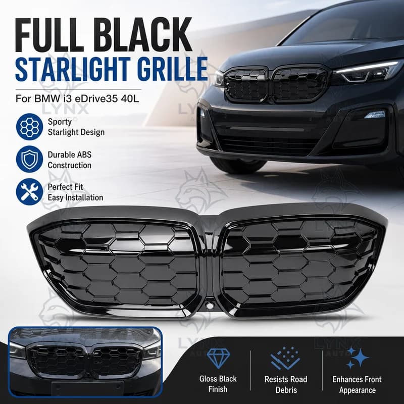 For BMW I3 eDrive35 40L Full Black Starlight Grille Front Bumper Replacement Black Mesh Grille