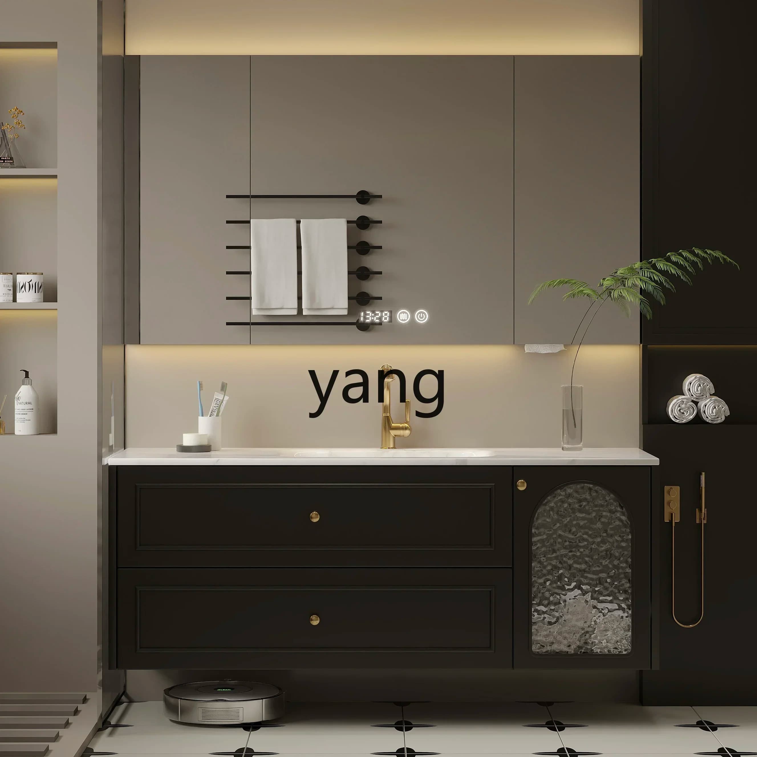 LHH，  French retro bathroom cabinet combination rock slab hot bending integrated washbasin bathroom oak