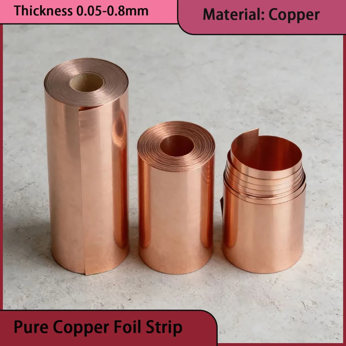 Pure copper foil with high-purity copper (purity ≥ 99.9%) and red copper plate thickness of 0.05-0.8mm and width of 5-80mm
