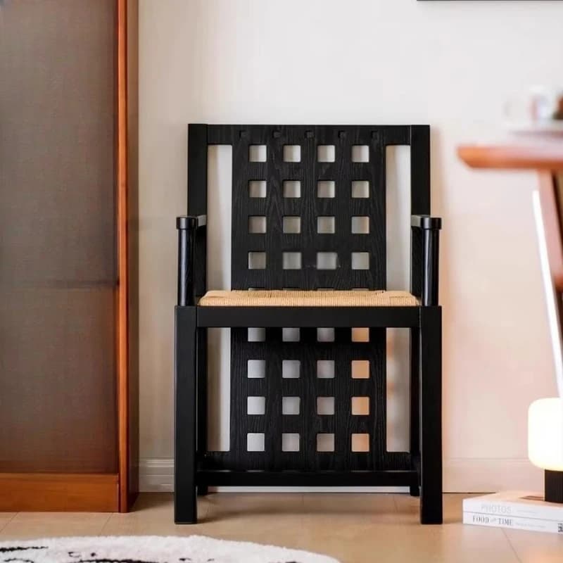 Modern simple solid wood black backrest armrest cowhide rope dining chair
