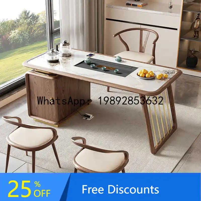 CZ  Solid Wood Tea Table Rock Board Kung Fu Tea Table Home Multifunctional White Wax Wood Zen Balcony Tea Table and Chair Set