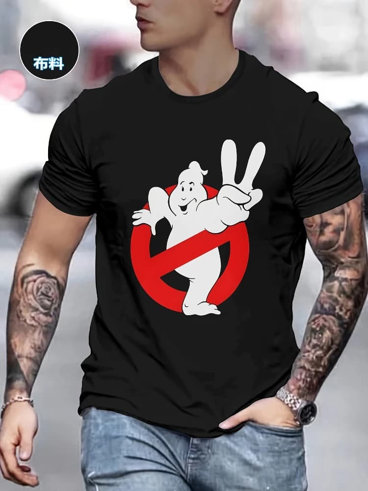 Men'S Casual Crew Neck T-Shirt with Ghost & Red Circle Design-100% cotton summer short sleeve  printed T-shirt.