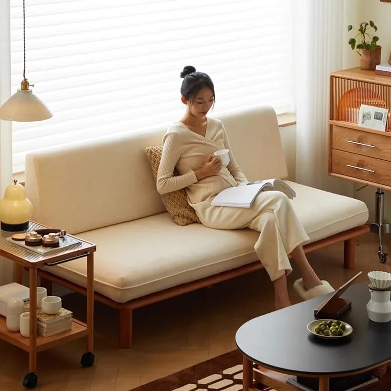 HYS disassembly and washing fabric sofa living room balcony small apartment Japanese-style log wind solid wood without armrests