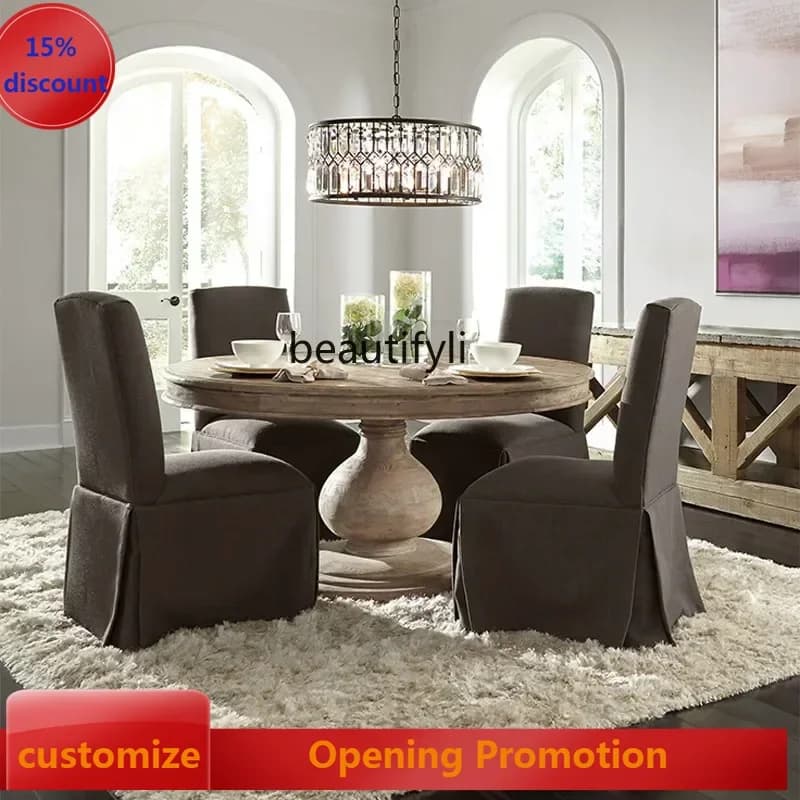 ss7486 American retro old solid wood round dining table restaurant dining table high-end dining table New Light Luxury