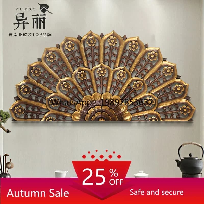 LYY Entrance Hanging Decoration Crafts Dongyang Solid Wood Flower Grid Living Room Background Wall