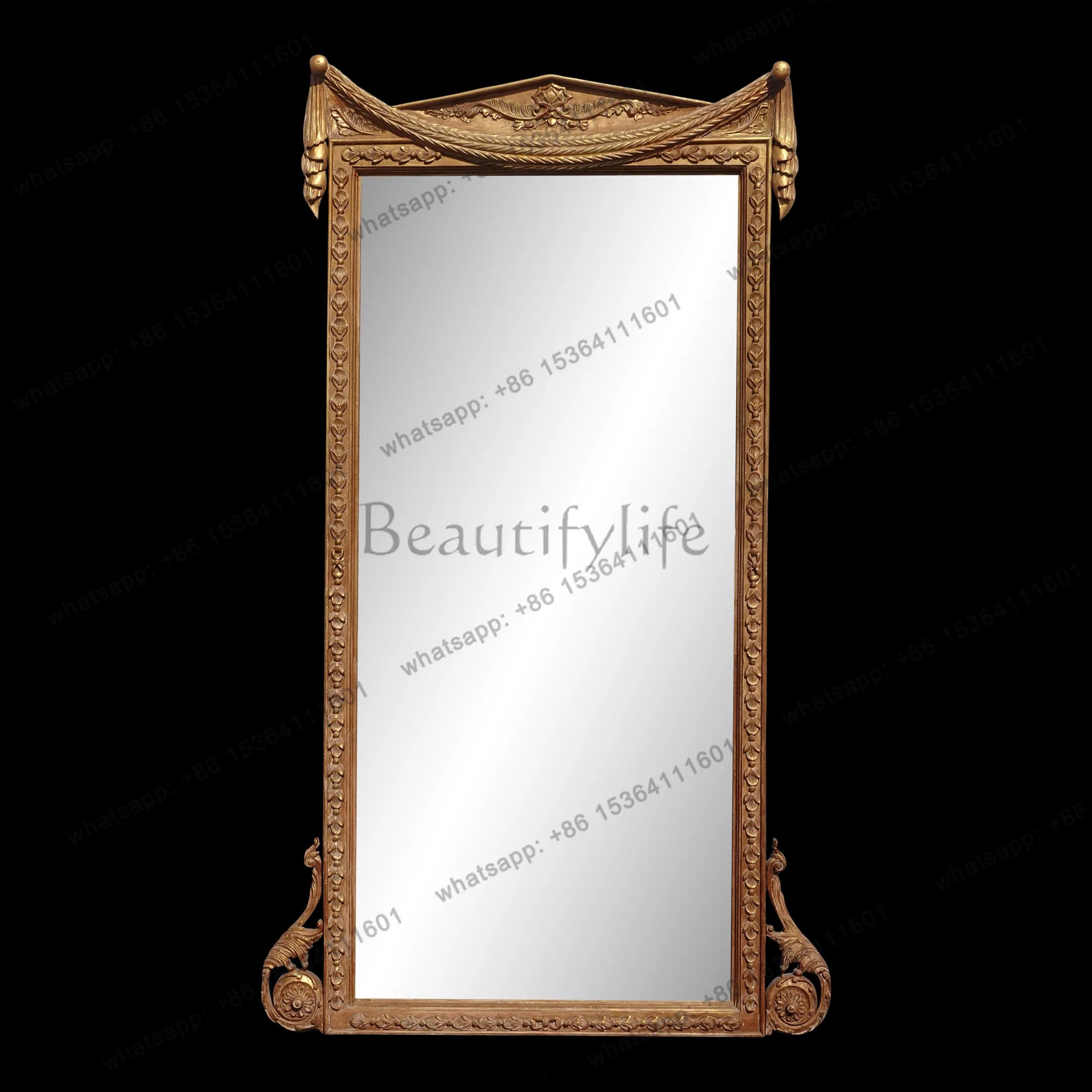 French carved retro floor mirror high-end villa wall hanging entrance fireplace mirror