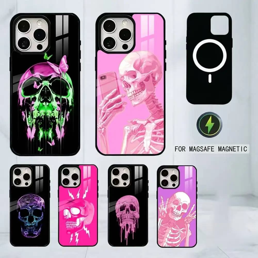 Luxury Pink Green Skull Phone Case For iPhone17,16,15,14,13,12,11 Plus,Pro Magnetic with Magsafe Wireless Charging