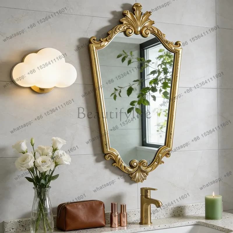 yj9 French retro light luxury bathroom mirror carved toilet sink wall hanging makeup mirror