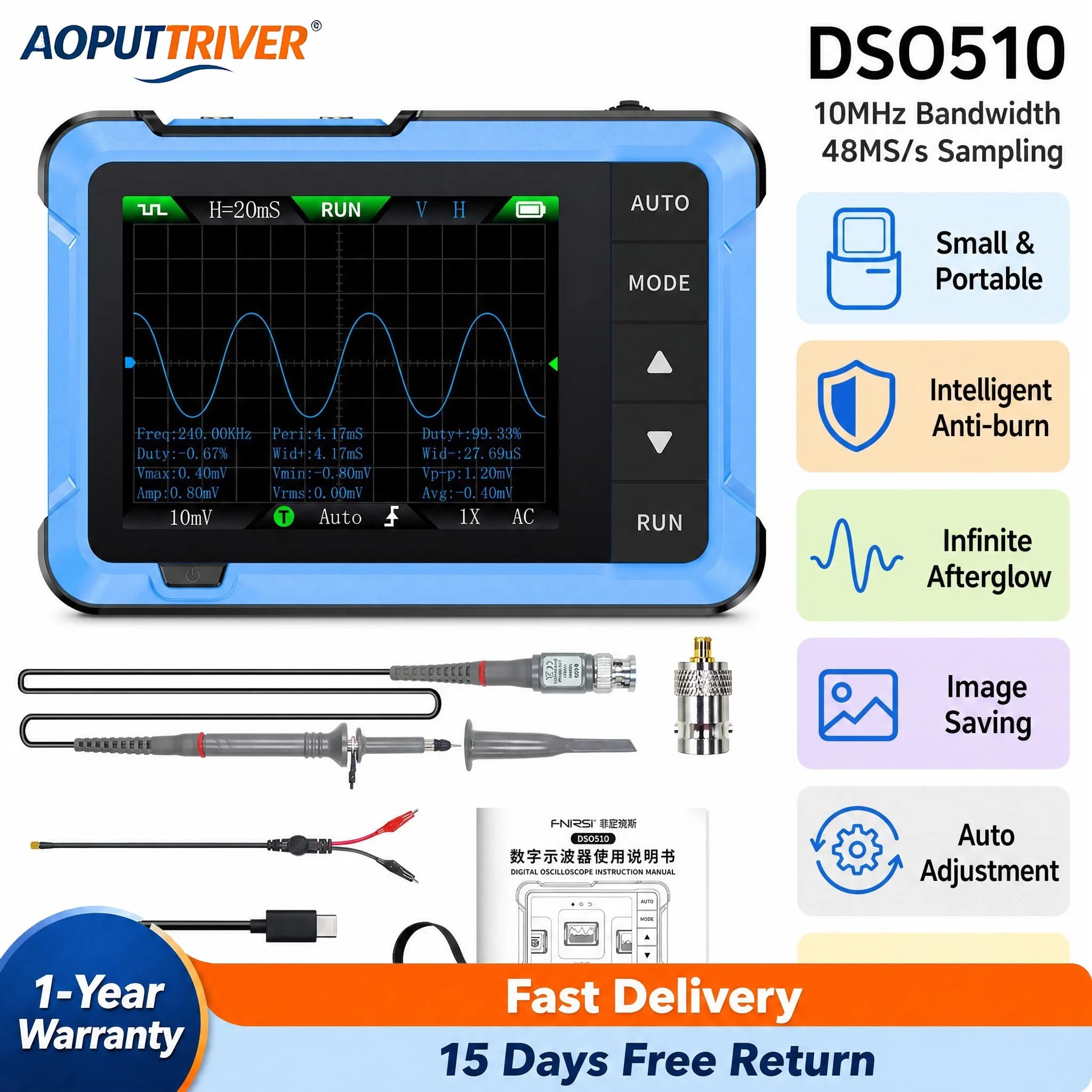 DSO-510 Handheld Digital Oscilloscope 10MHz 48MS/s Portable Signal Generator 2.8" LCD Auto Trigger X1/X10 ±400V Repair Tool