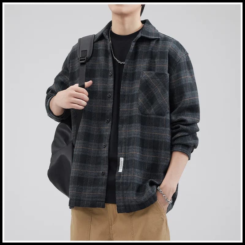 Shirt Men's Plaid Long Sleeve Heavy Vintage Loose Woolen Shirt Casual Coat