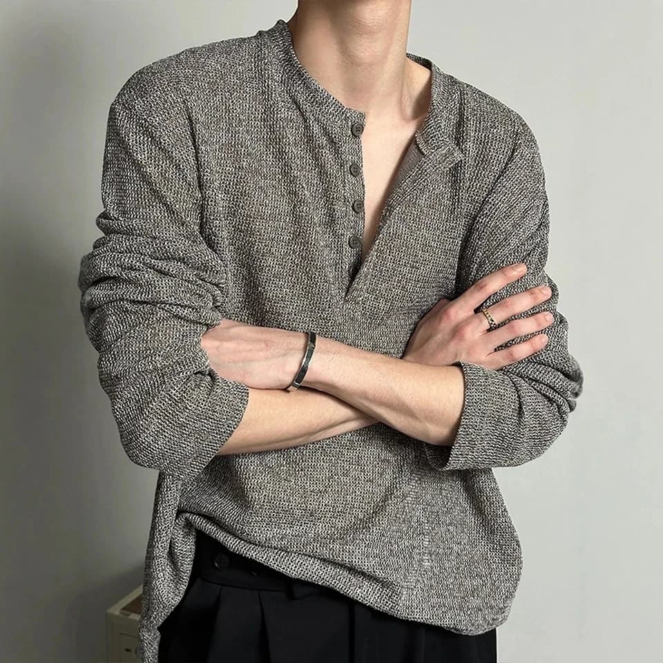 2025 New Retro Textured Hollow Out Henley Collar Long Sleeve T Shirt Men Spring Loose Lazy Style Top