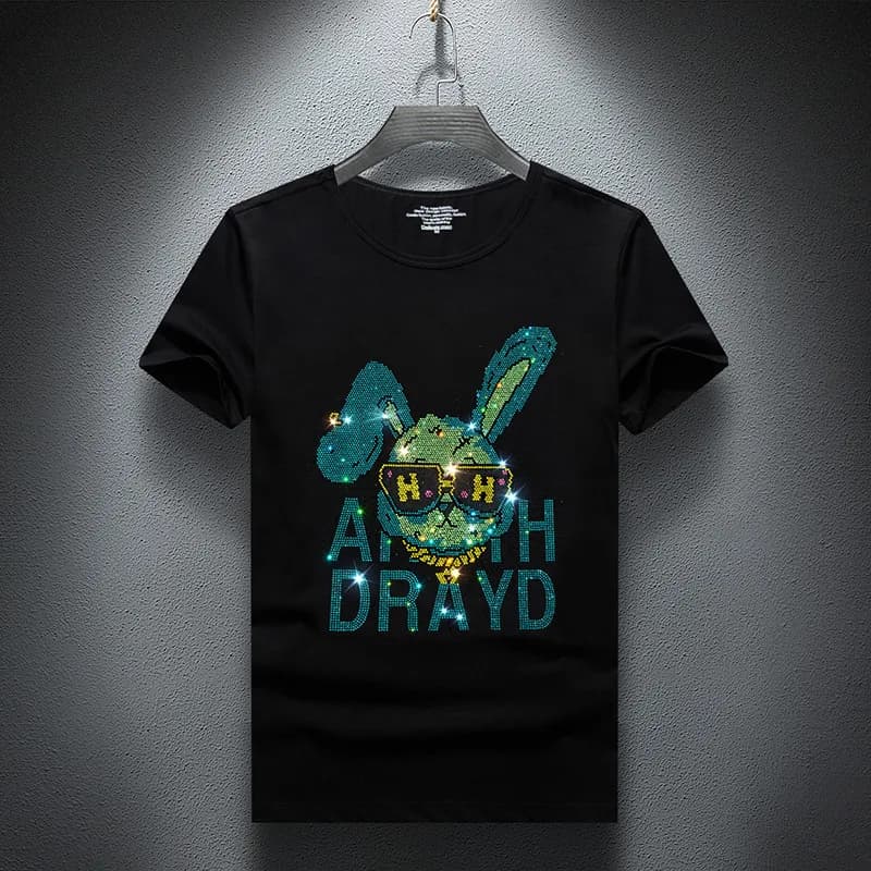 2025 Rhinestones Cartoon Pattern T Shirts Men Fashion Streetwear High Quality Short Sleeve O Neck Slim T-shirt Man Plus Size 7XL