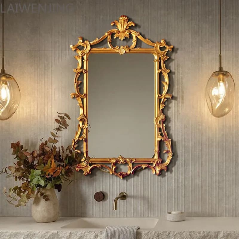 French retro bathroom mirror wall mounted custom luxury carved vanity mirror