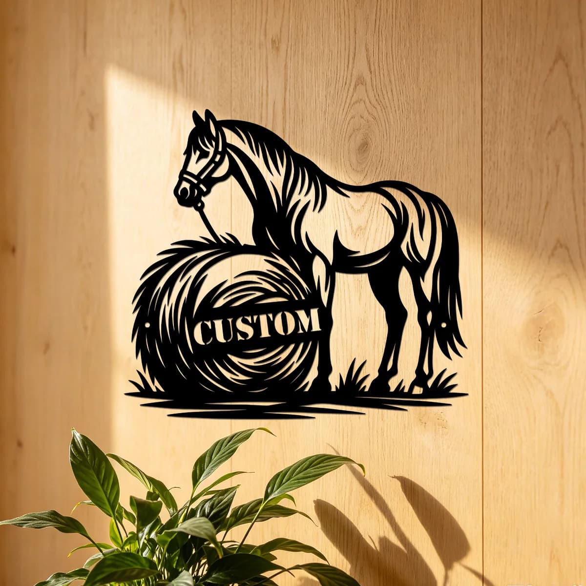 Custom Horse Metal Art, Personalized Equestrian Sign, Horse Memorial Gift, Stable Decor, Metal Horse with Hay Bale Portrait