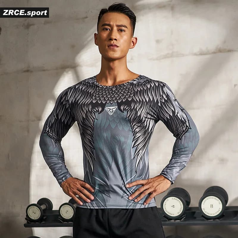 ZRCE Gym Sport T Shirt Men Quick Dry Running Shirt Men Feather Pattern Tops Compression Long Sleeve T-shirt Tight Rashgard