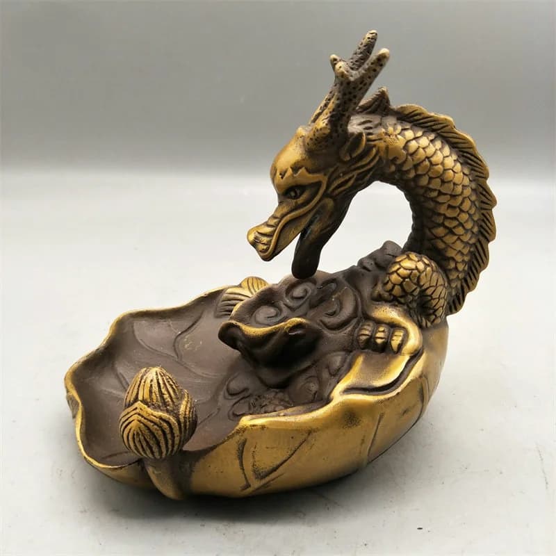 Solid Brass Dragon Backflow Incense Burner Vintage Cloud Lotus Design Smoke Waterfall Censer Home Zen Aromatherapy Desktop Decor