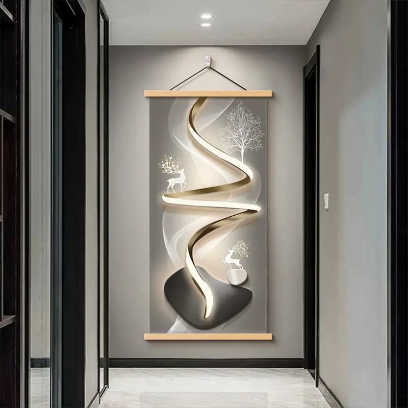 Wall Art Abstract Stone Curves and Beige Texture Modern Luxe Pearlescent Canvas Hanging Scroll with Wooden Rods for Hallway