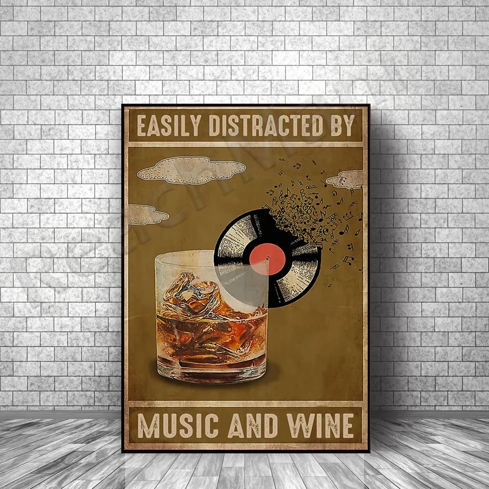 Easily distracted by music and wine poster, love music, love wine poster, music and wine poster, wall art, best gift ever
