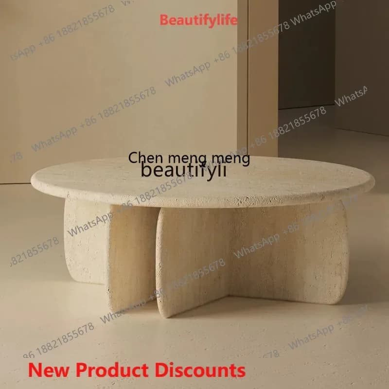 ss8350 French minimalist natural travertine coffee table medieval living room home high-end art wabi-sabi wind marble small tabl