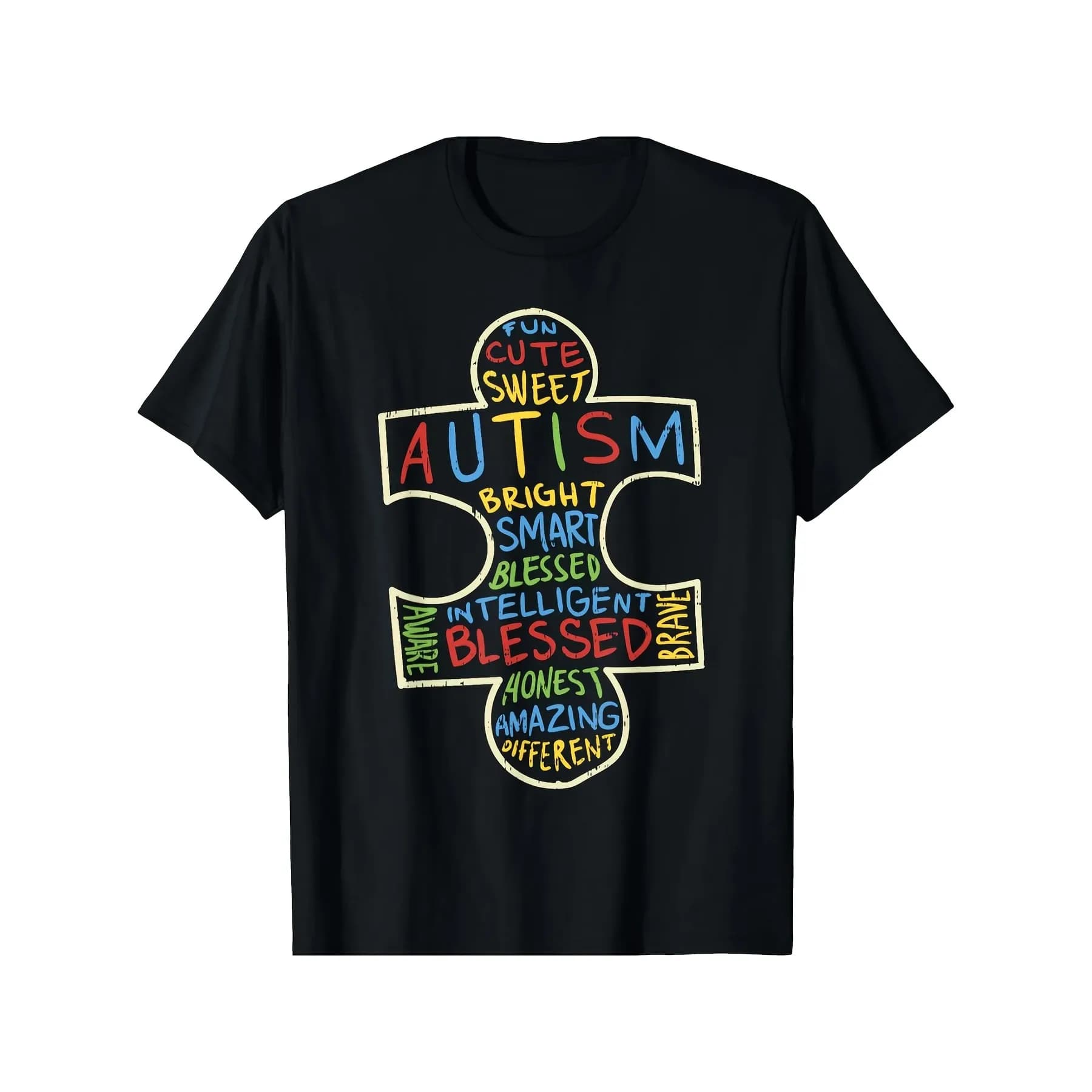 Autism Puzzle Piece Graphic Tee Positive Words Print Soft Cotton Unisex Casual Daily T-Shirt